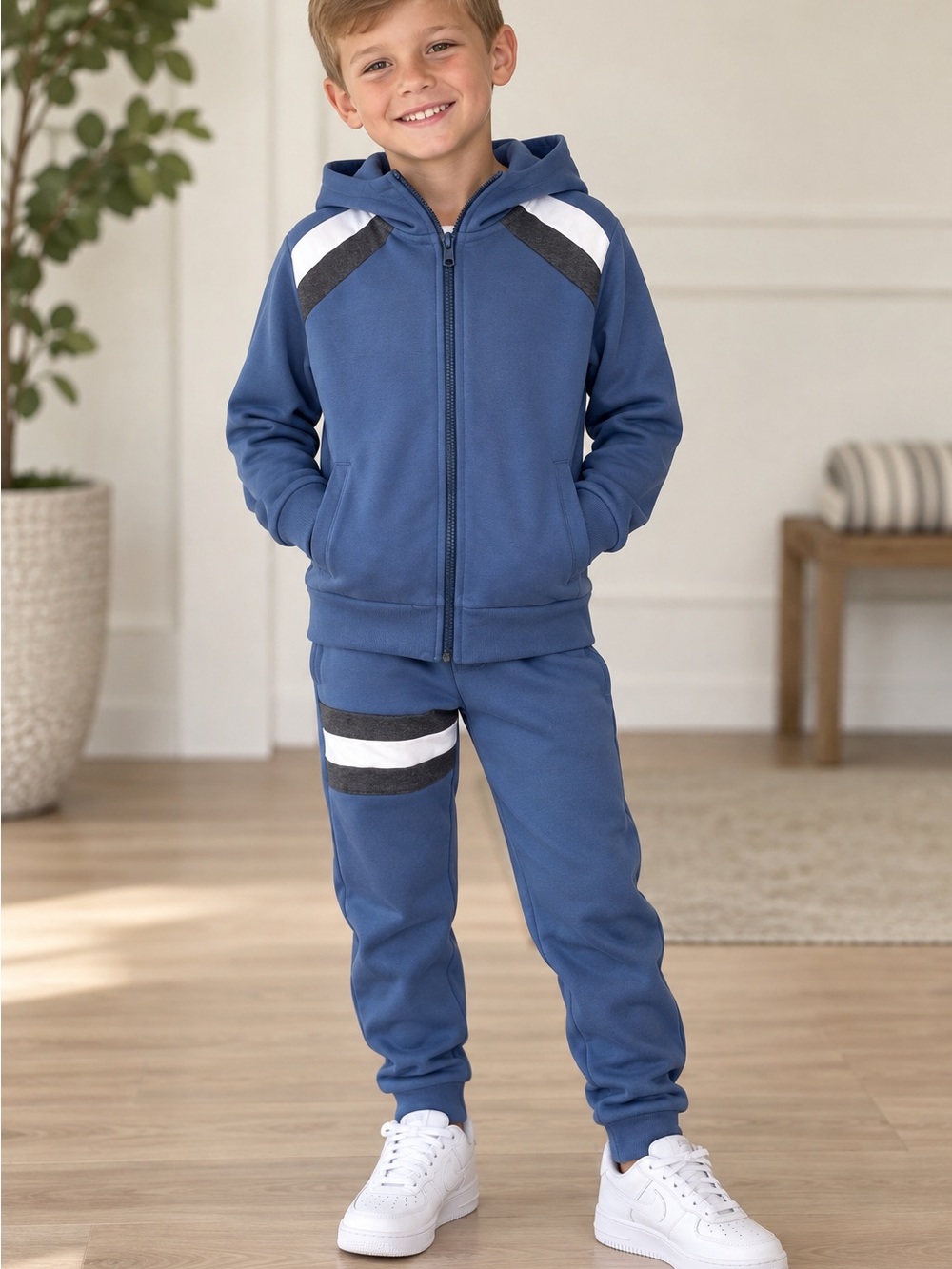 Kids Blue Hooded Zip-Up Jogger Set with Contrast Stripes
